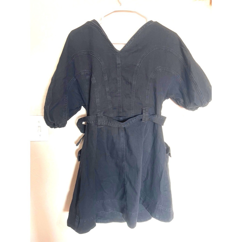 Commense Black Denim Puff Sleeve Belted Mini Dress Gold Dark academia work XS - Picture 7 of 9